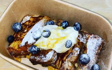 French toast breakfast with blueberries and yogurt from Tipsy Chef Street Food.