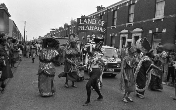 Parade during Caribbean Carnival in the 1980s, with Ancient Egyptian theme. Photo credit: Lancashire Evening Post