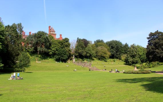 Miller Park green space and view of fountain and steps up to Derby Walk.