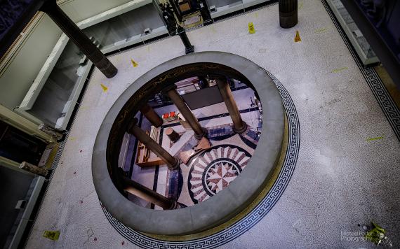 View from balcony looking down at Harris floor, empty of exhibitions.