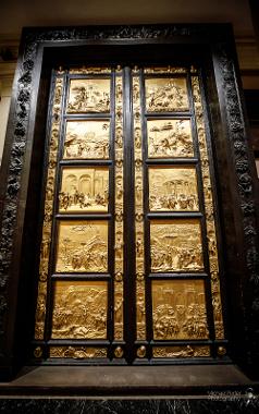 Gold and black wall carvings inside The Harris building.