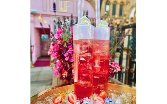 Two red cocktails in an ice tray with flowers and strawberries outside Le Fleur Bar