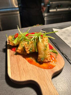 A close up of the three cheese and fresh jalapeno Empanadas De Queso dish at Chamo Street Food in Preston