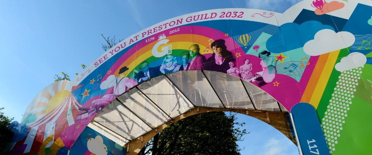 Large banner at 2012 Preston Guild saying "see you at Preston Guild 2032