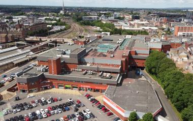 A view of Fishergate Shopping Centre from the air above the car park