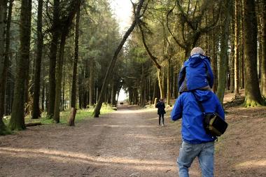 Father and child walking through woodland area at Beacon Fell