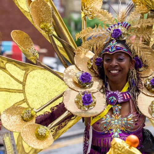A woman in a brightly coloured gold and purple butterfly outfit with wings smiles to the camera