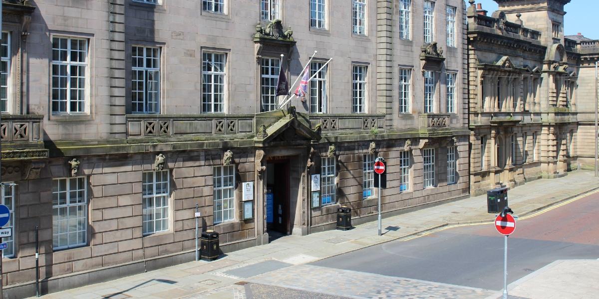Main image: Visitor info point. Outside the entrance to Preston Town Hall and information point.