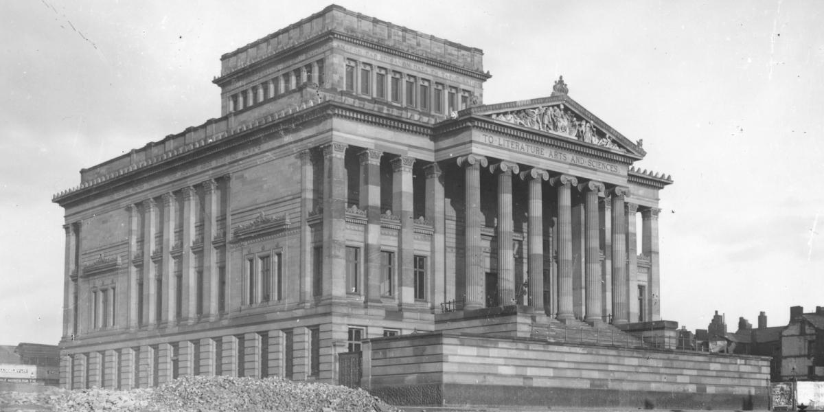 1893 black and white photograph of a newly built Harris Museum and Library overlooking Preston Flag Market.