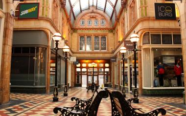 Miller Arcade benches, interior and shops.