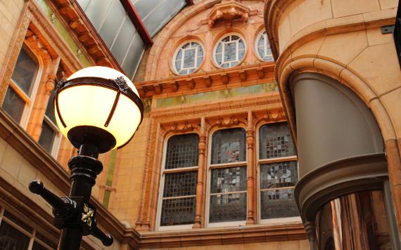 Lamppost and ornate interior of Miller Arcade.