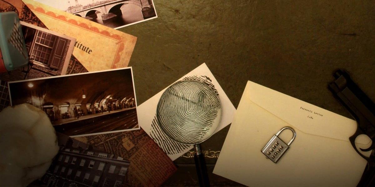 Table scattered with clues and crime-solving paraphernalia. 