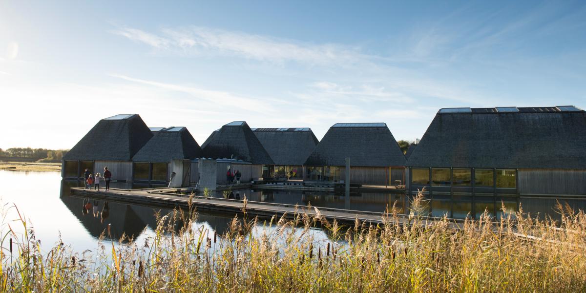 Brockholes floating visitor centre on a sunny day in Preston, Lancashire.