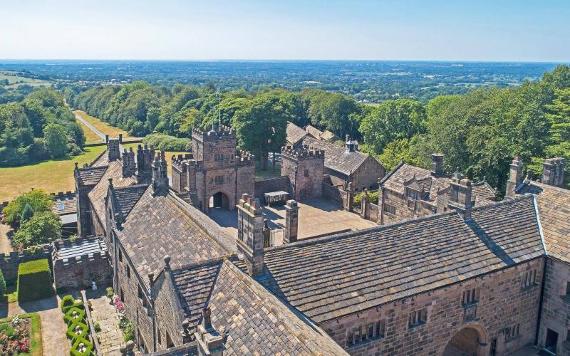 Aerial view of Hoghton Tower and its grounds.