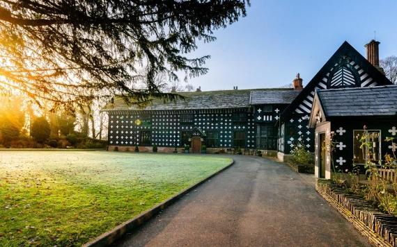 Front exterior of Samlesbury Hall on frosty morning.