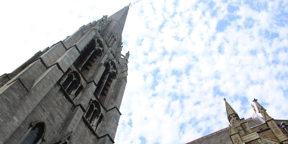 View looking up at St Walburge's spire.