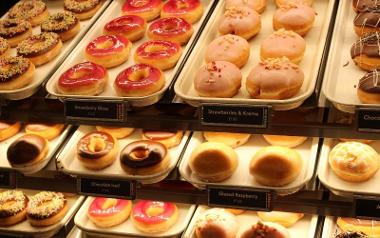 Krispy Kreme doughnuts on display.