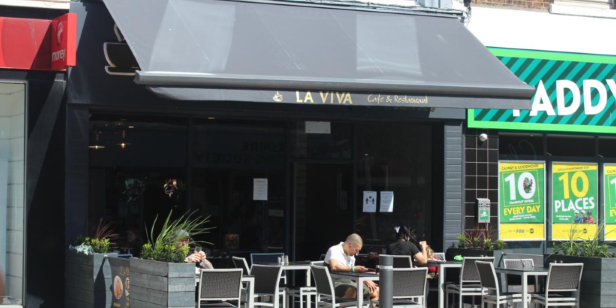 Outside La Viva cafe, Preston, on a sunny day.