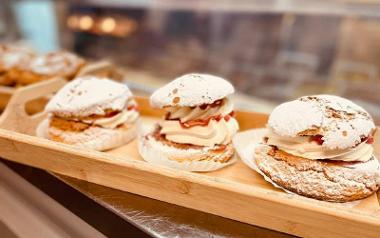 Scones on display inside Cherry Pie Coffee Shop.