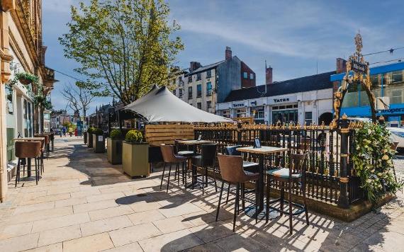 Baluga's outdoor seating area on sunny day.