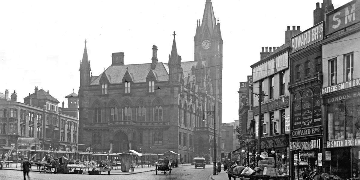 Vintage photo of Preston's old town hall and market square.