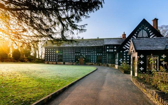 Samlesbury Hall exterior and grounds on frosty, sunny morning.