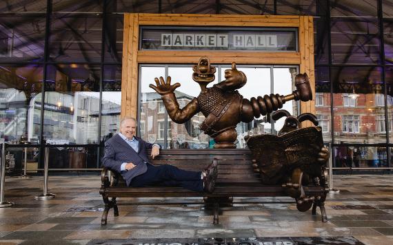 Nick Park laid on Wallace and Gromit bench.